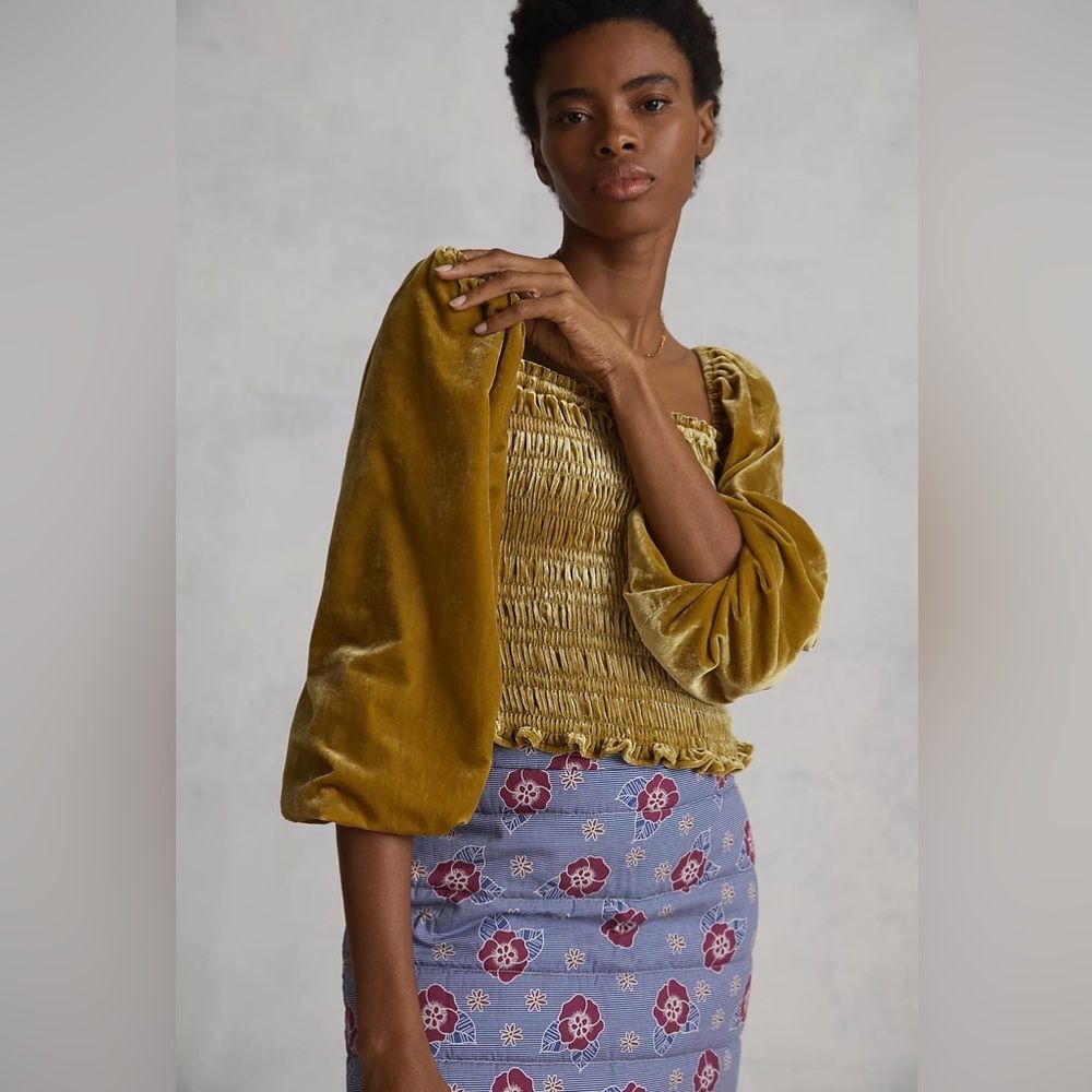 Anthropologie Puff-Sleeved Velvet Blouse in Gold S NWT